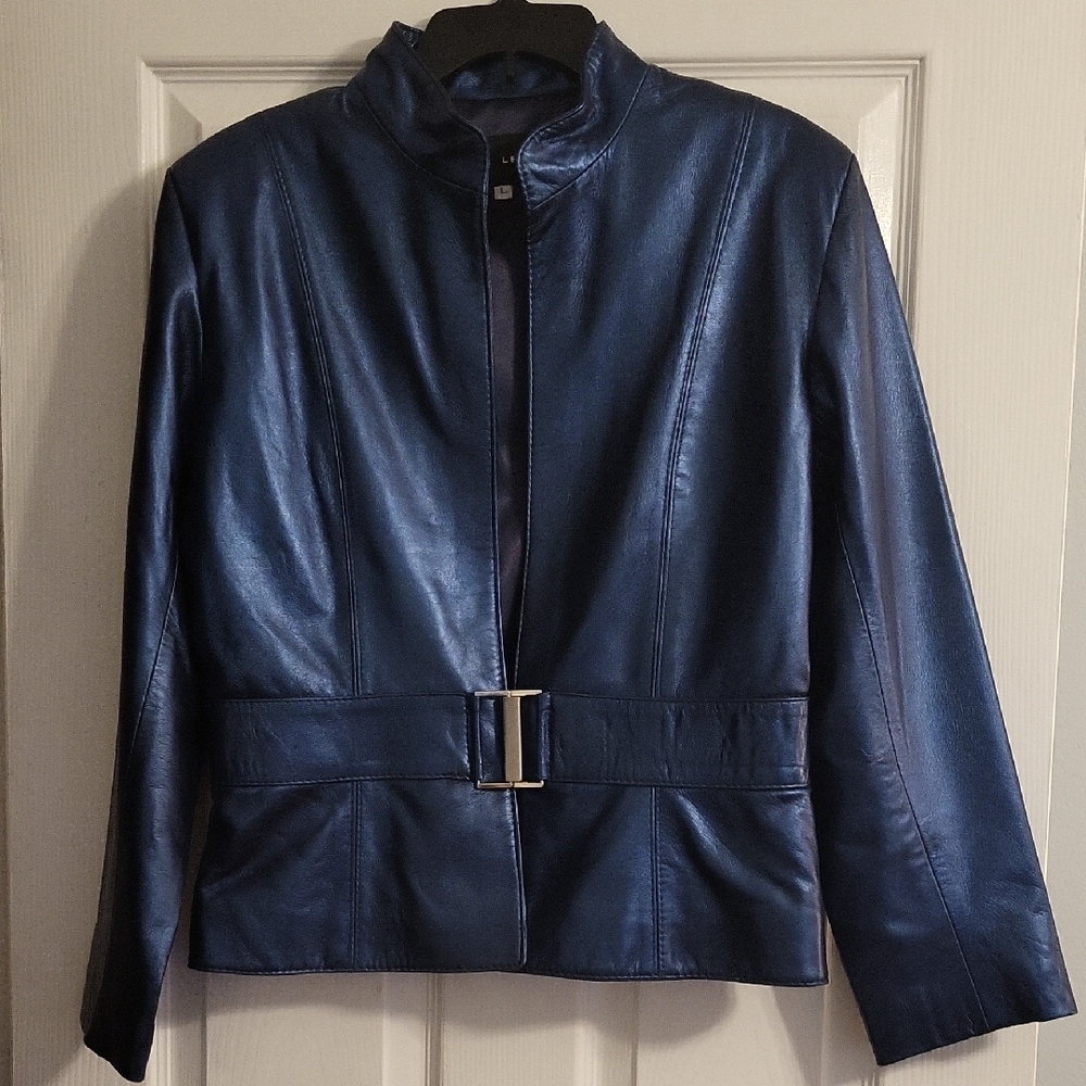 Women's Blue Leather Jacket - Picture 3 of 9